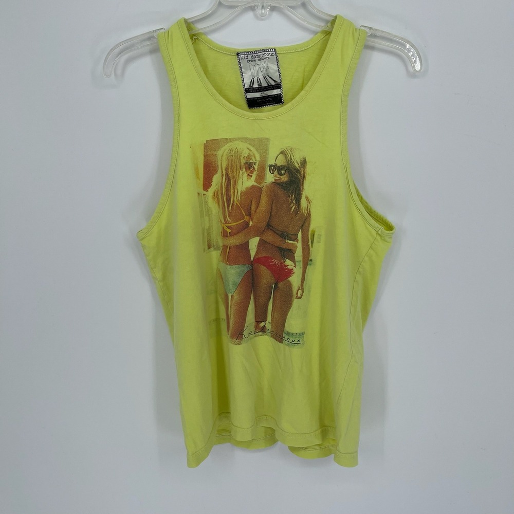 Kid Dangerous Men's Yellow Graphic Bikini Girls Graphic Muscle Tank Top Size S